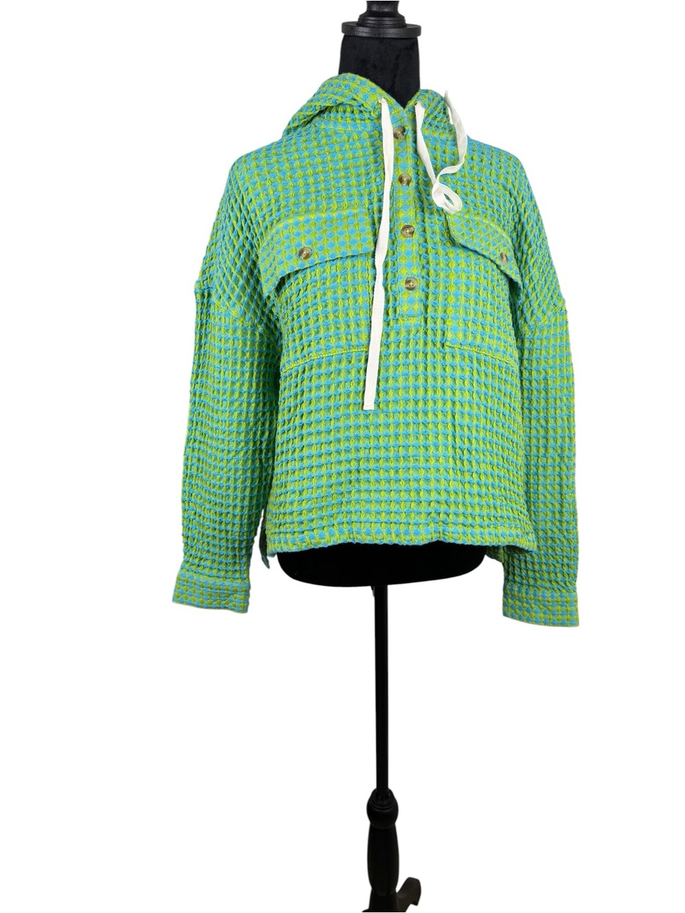 BDG Urban Outfitters Baja Stanley Waffle Hoodie Blue Green Top S - Picture 3 of 8